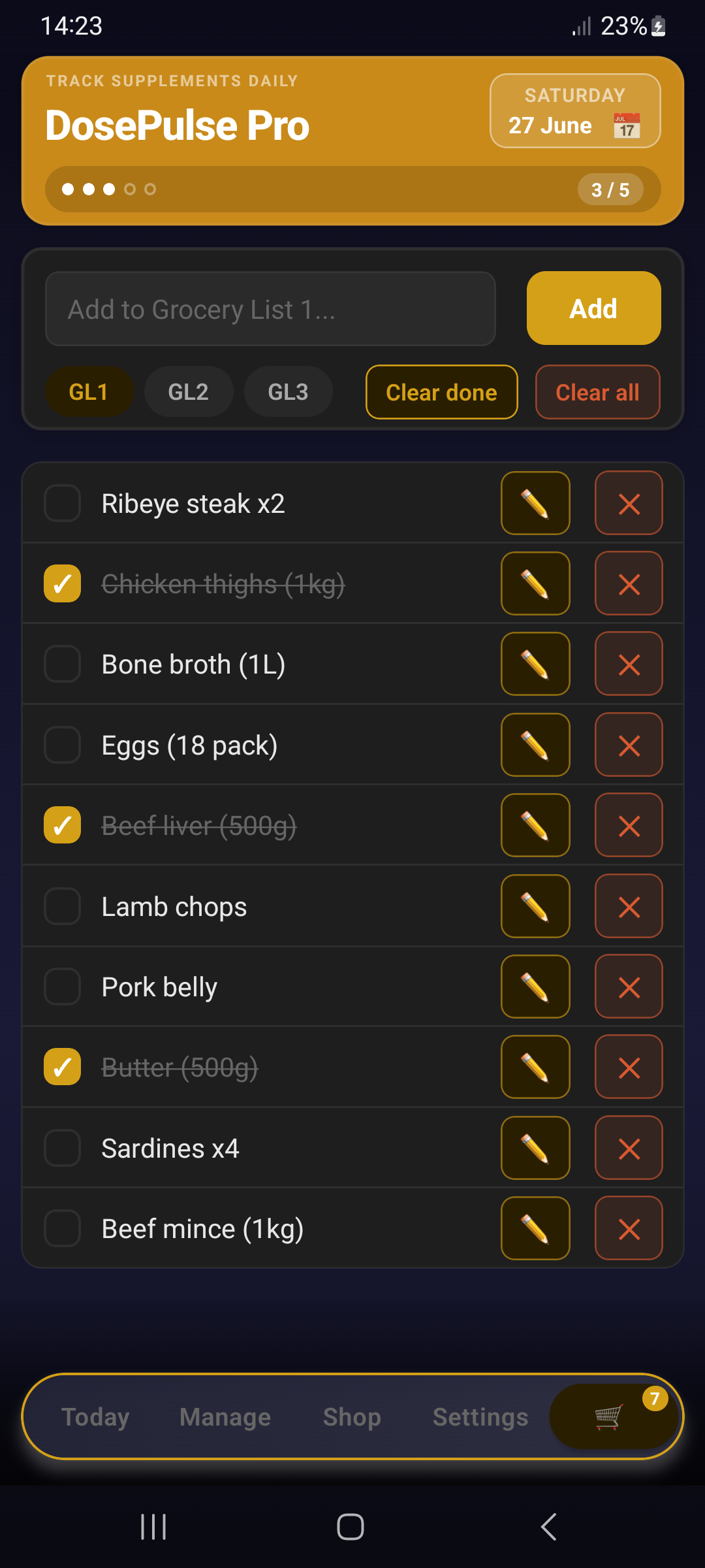 Grocery list — gold theme