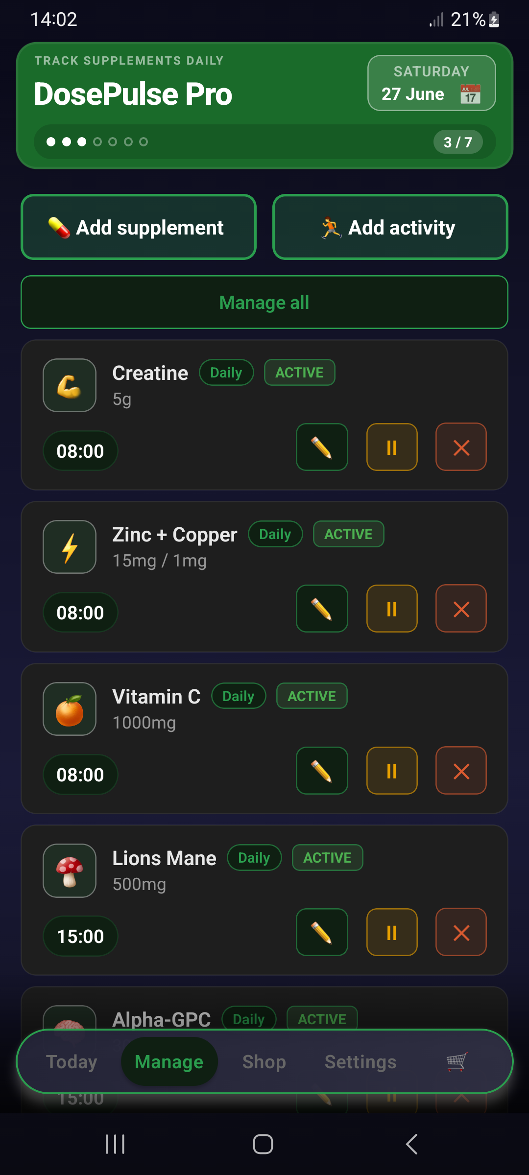 Manage supplements — forest theme