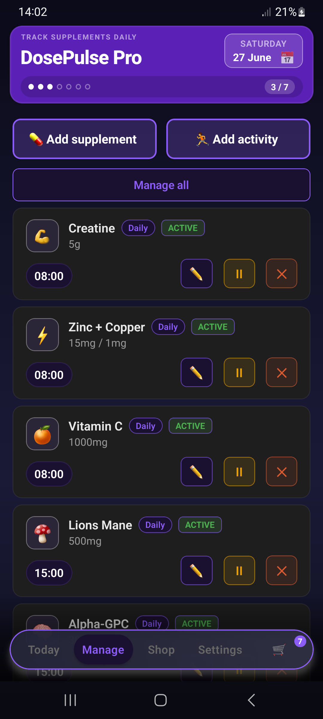 Manage supplements — midnight theme
