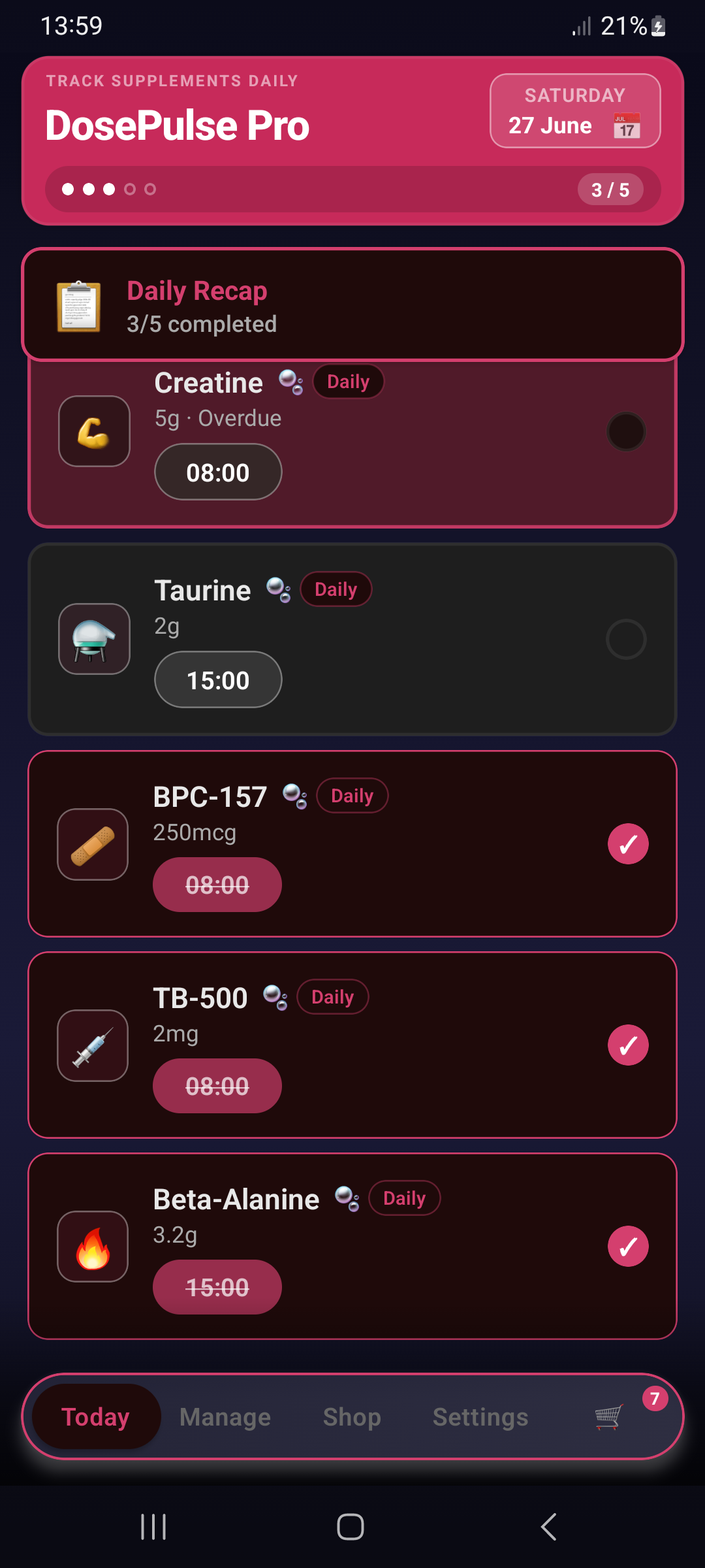 Today screen scrolled — dark rose theme