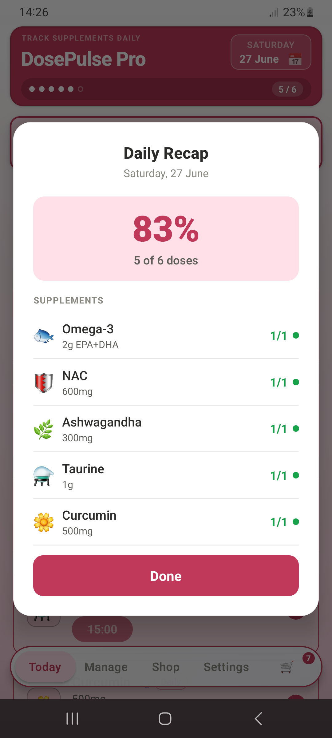 Daily recap — 5 of 6 doses, rose theme