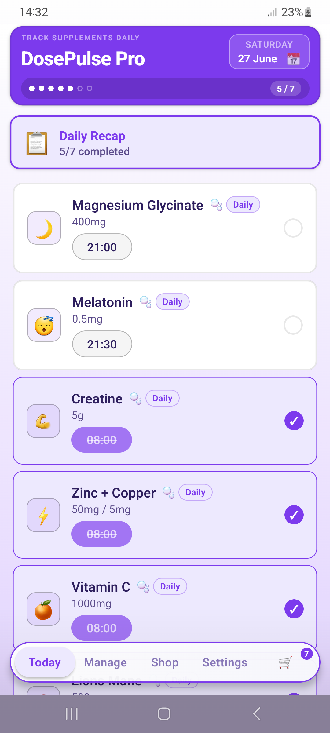 Today screen — lavender theme